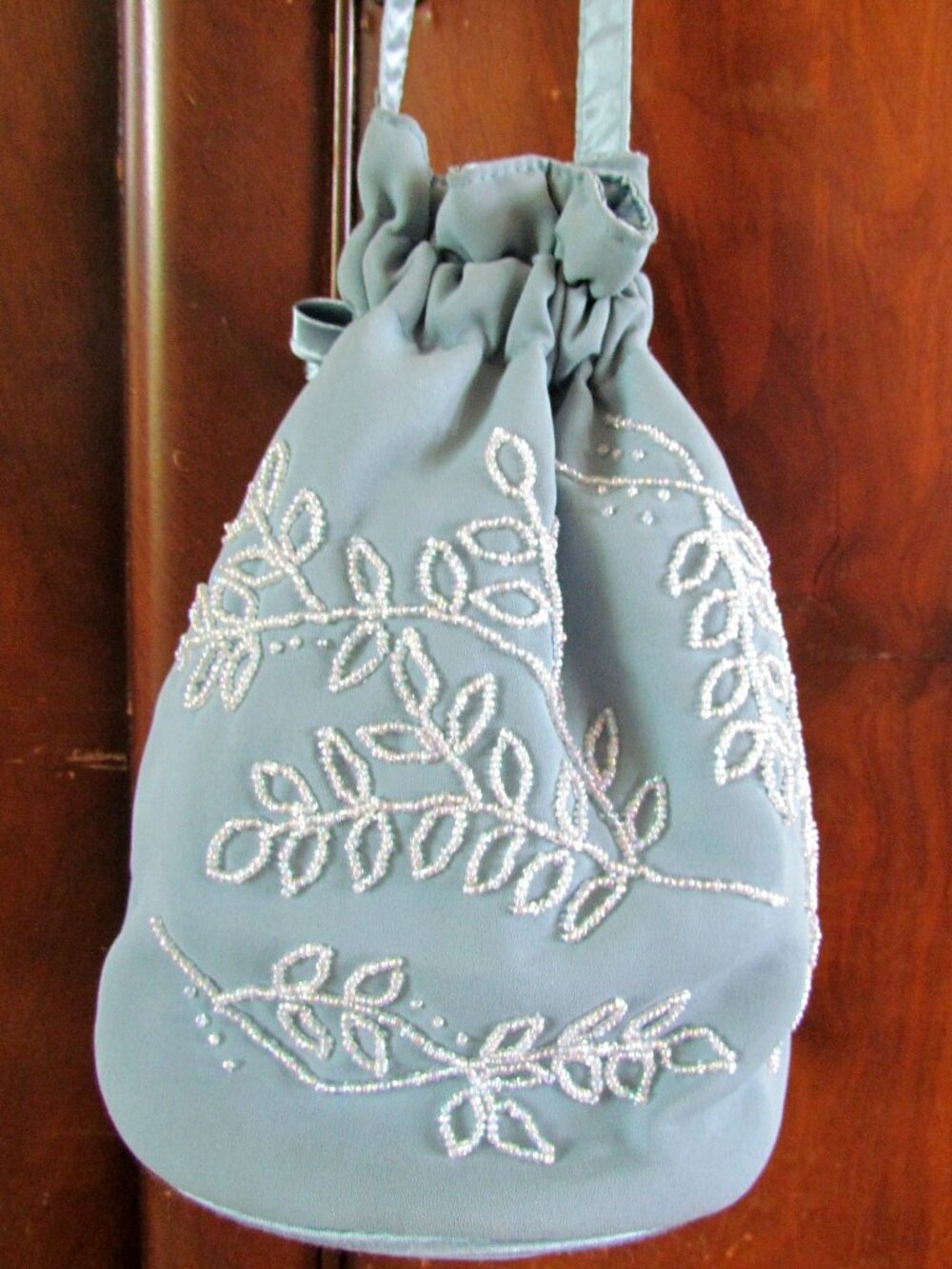REGENCY VICTORIAN GEORGIAN RETICULE w SPARKLY BEAD DESIGN, FLAT BASE, TEAL, EUC - Picture 4 of 5